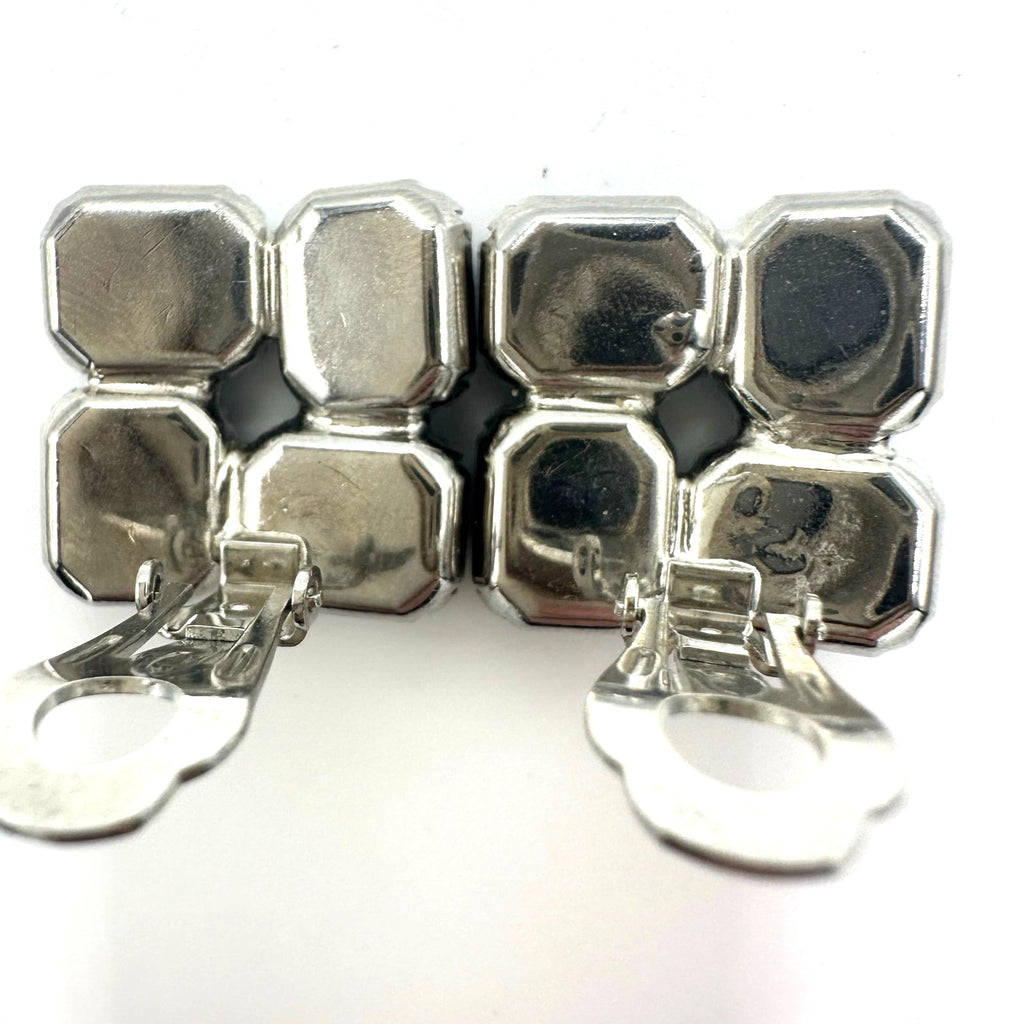 Vintage silver tone large Montana blue glass rhinestones clip on earrings
