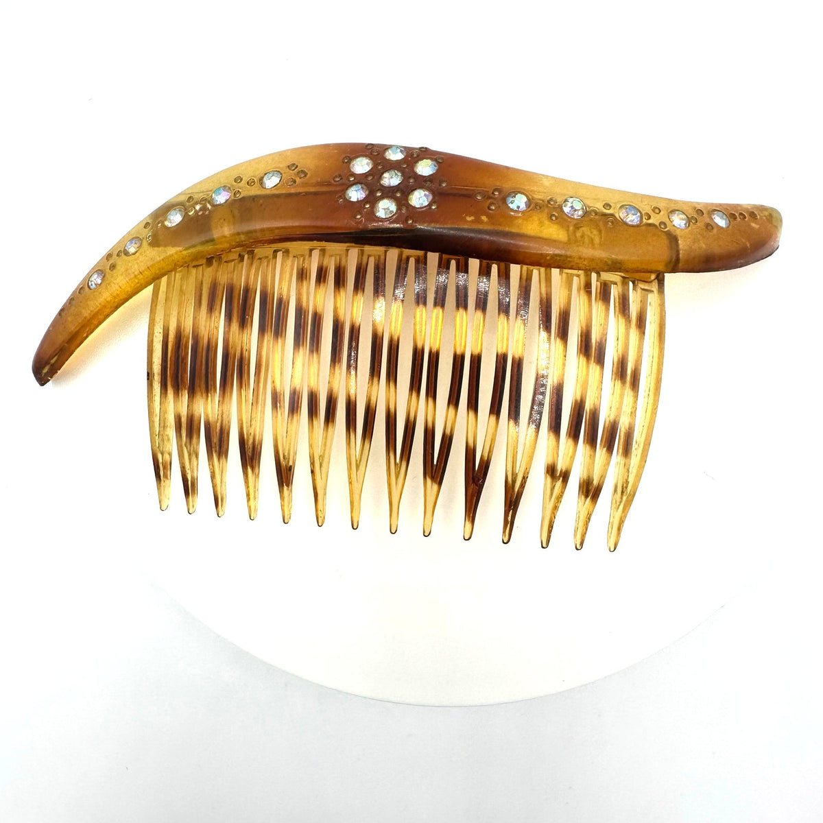 Made in USA vintage faux tortoiseshell celluloid AB rhinestones hair comb