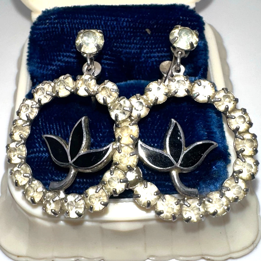 1940s vintage sterling silver clear rhinestones black enamel screw back earrings