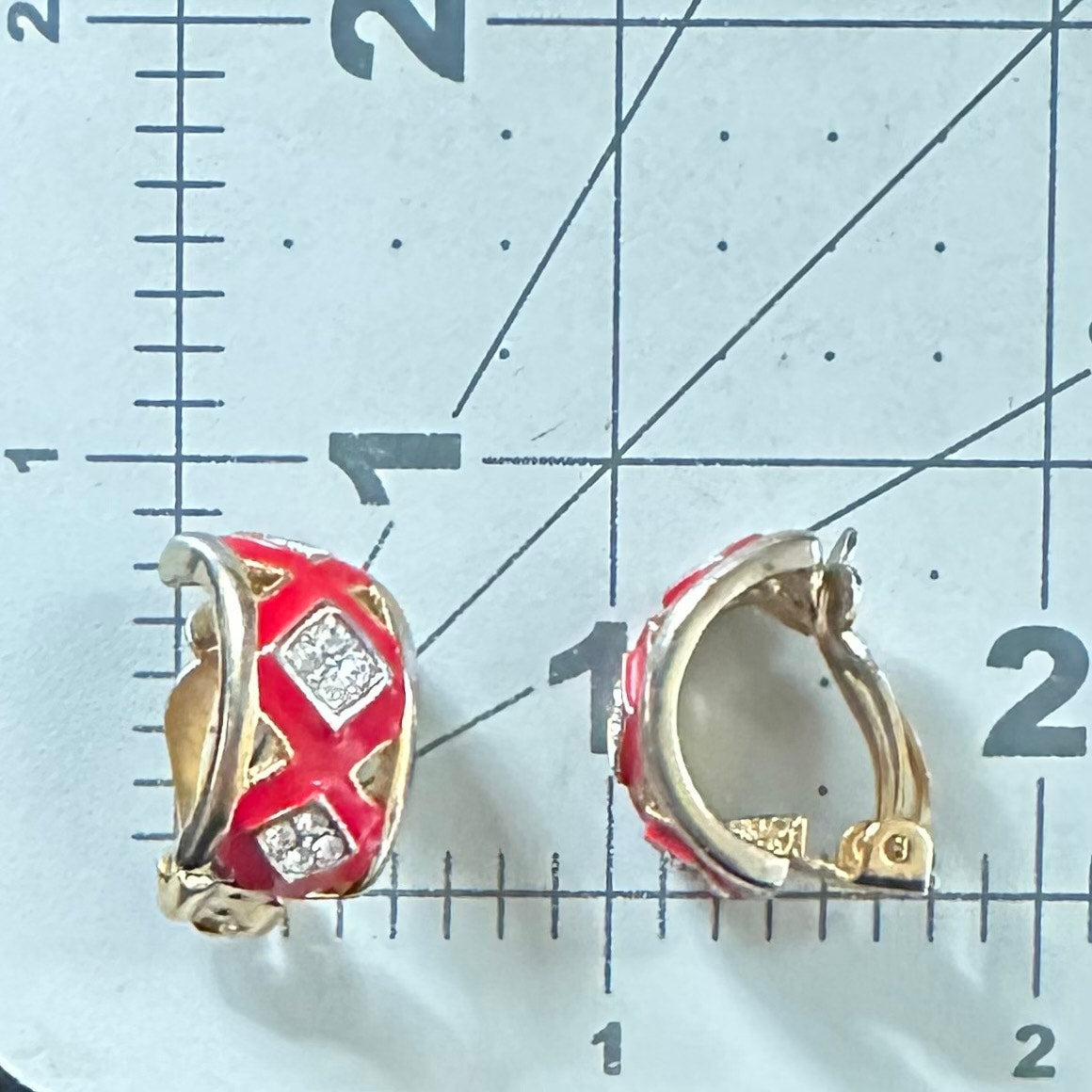 Vintage gold tone clear rhinestones red enamel half hoops clip on earrings