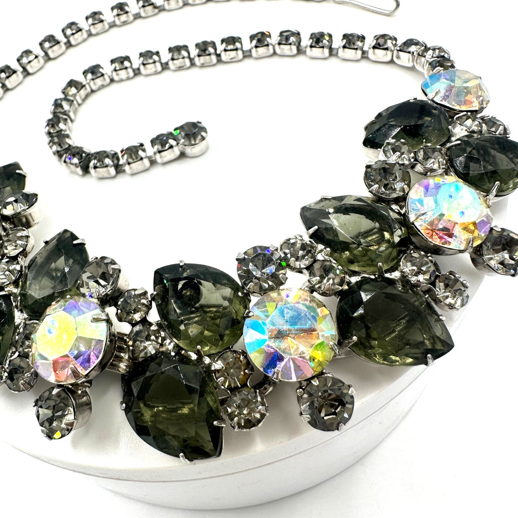 Juliana 1960s vintage book piece silver tone AB gray glass rhinestones necklace