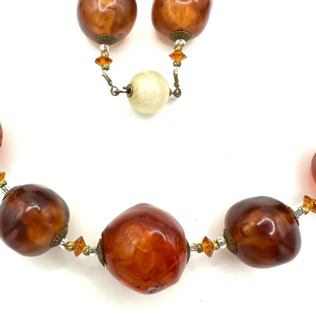 Antique 1920s 1930s Art Deco faux amber large lucite beads beaded 21" necklace