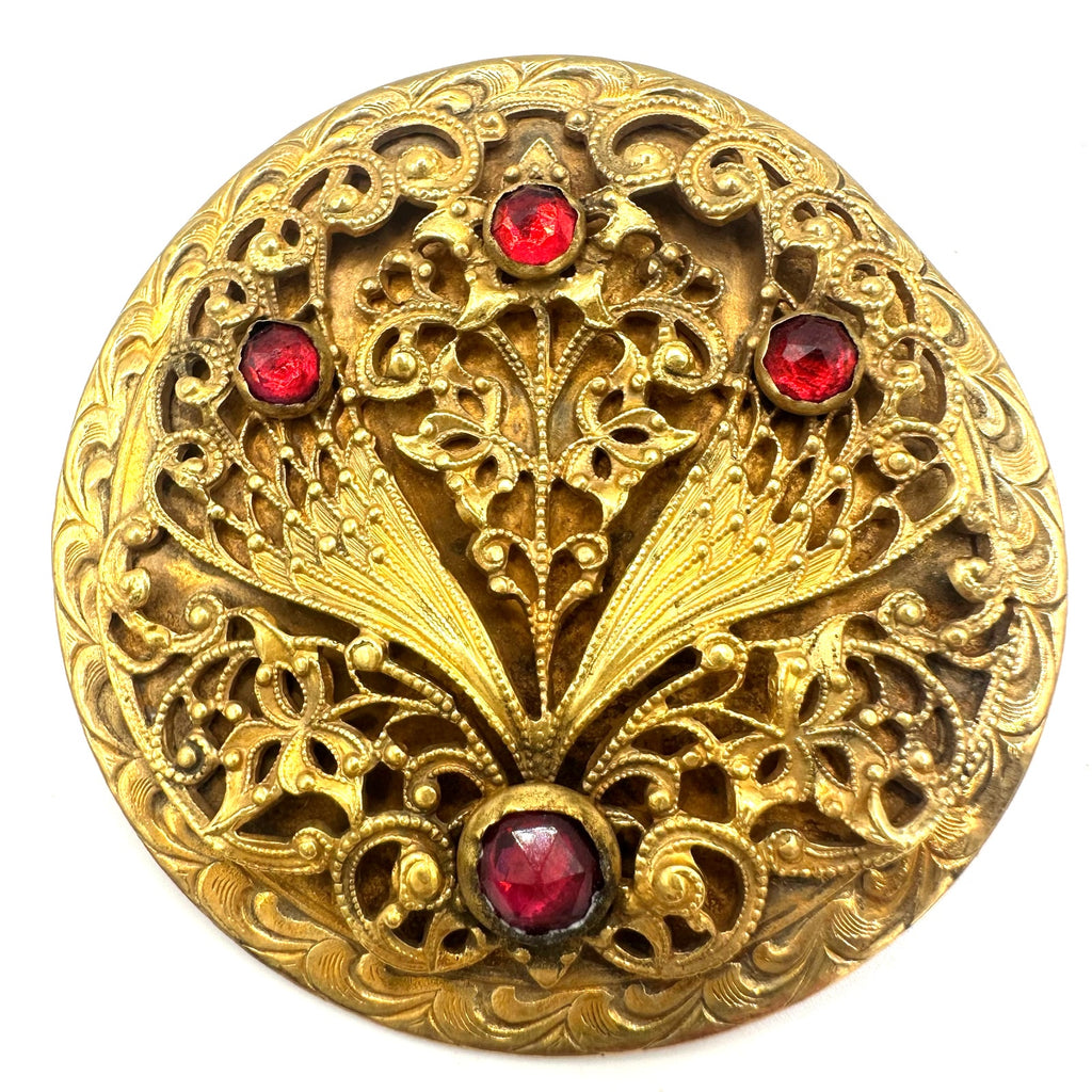 Antique 1900s Arts & Crafts gold gilt rose cut red paste glass sash pin brooch