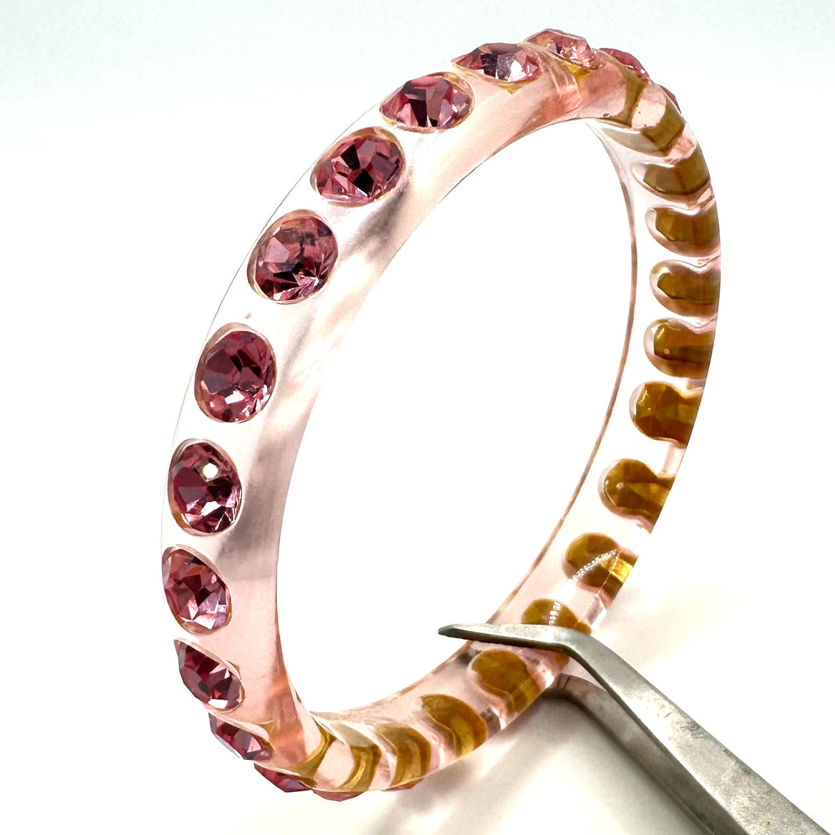 Pale pink clear acrylic rose glass rhinestones statement bangle bracelet
