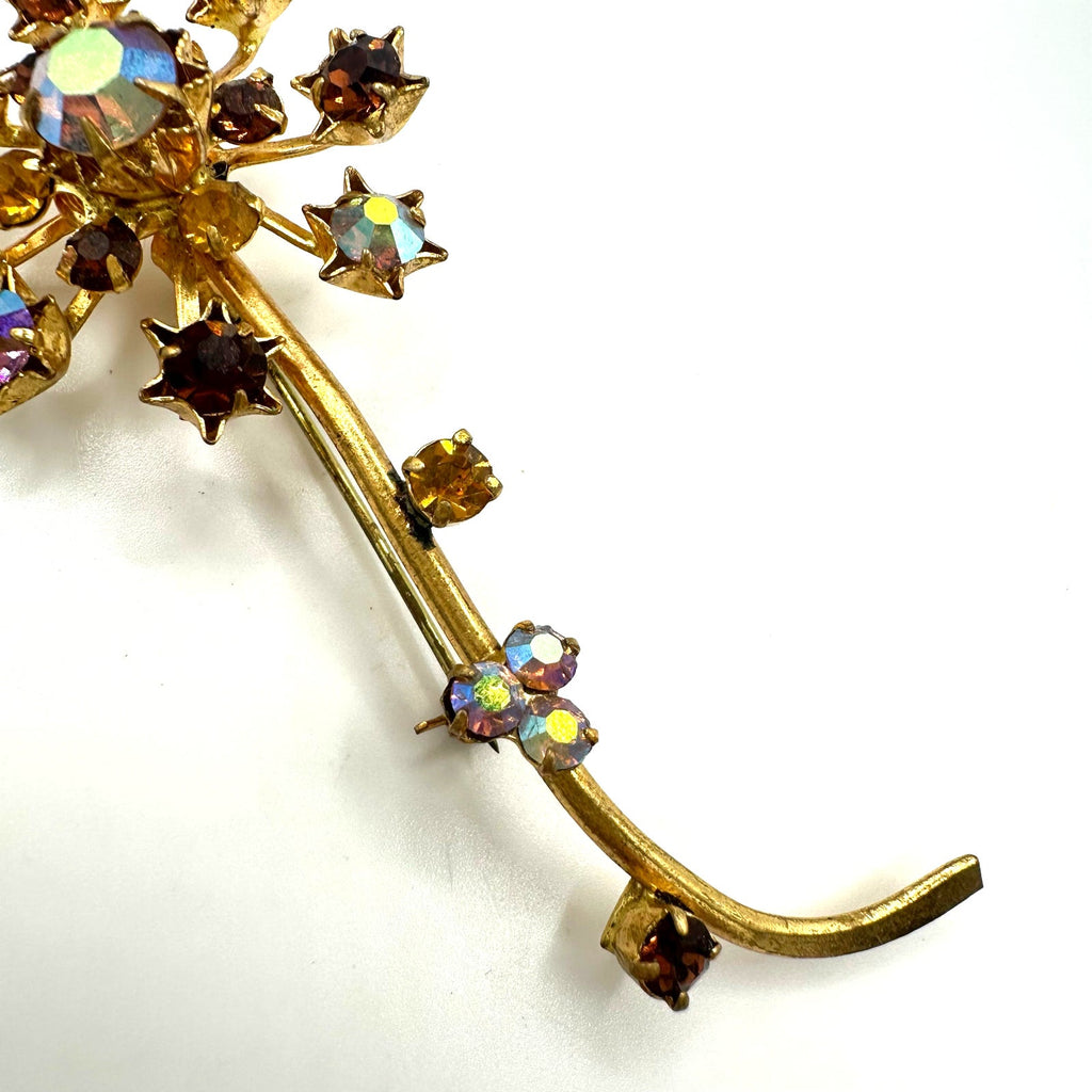 Austria vintage gold tone amber brown topaz glass AB rhinestones flower brooch
