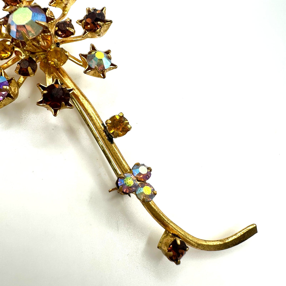 Austria vintage gold tone amber brown topaz glass AB rhinestones flower brooch