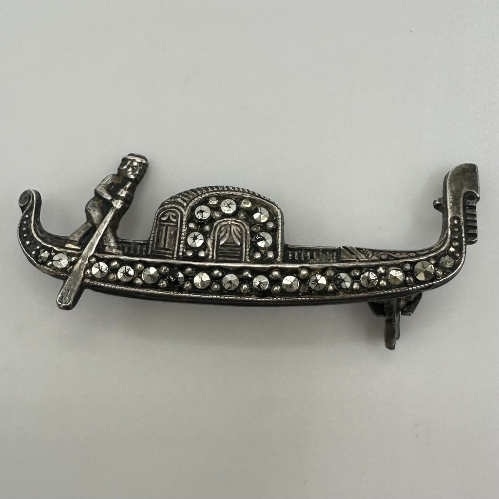 Antique Art Deco 925 sterling silver marcasite gondola boat figural brooch pin