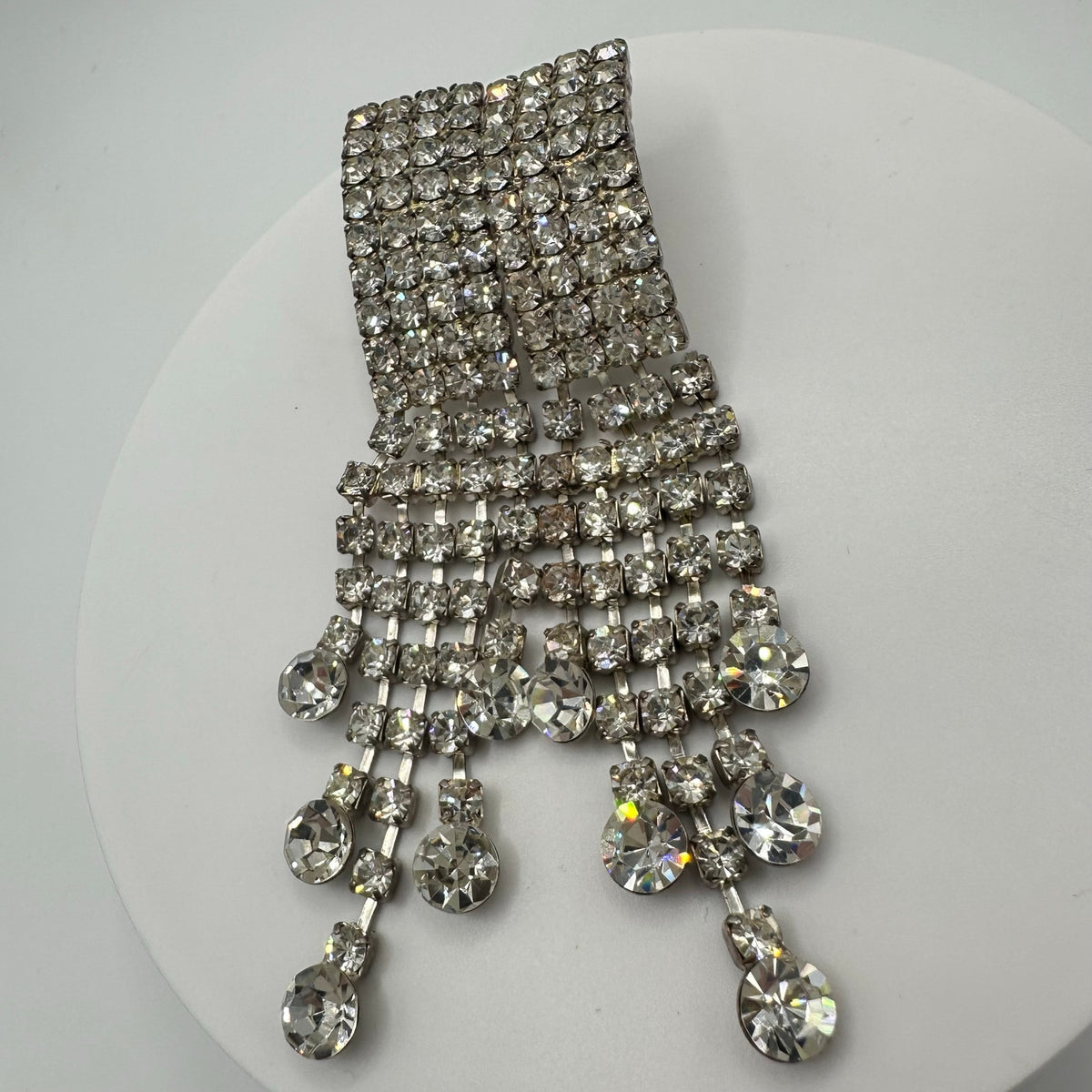 Vintage silver tone clear rhinestones 5 strands fringe 4" drop post earrings