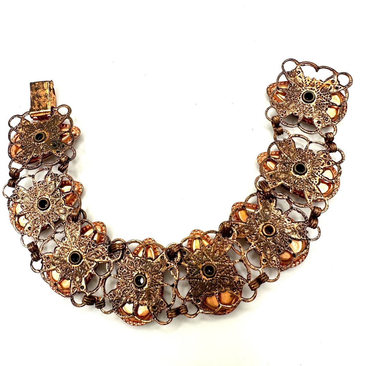 Vintage retro copper tone blue glitter confetti lucite cabochons bracelet