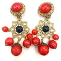 Vintage gold tone red moonglow lucite beaded dangle statement clip on earrings