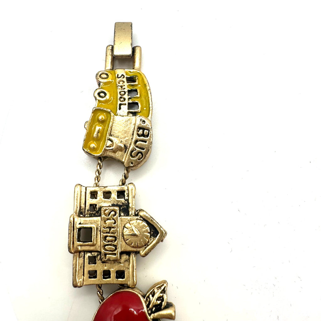 Vintage gold tone school teacher red yellow enamel slider charms bracelet