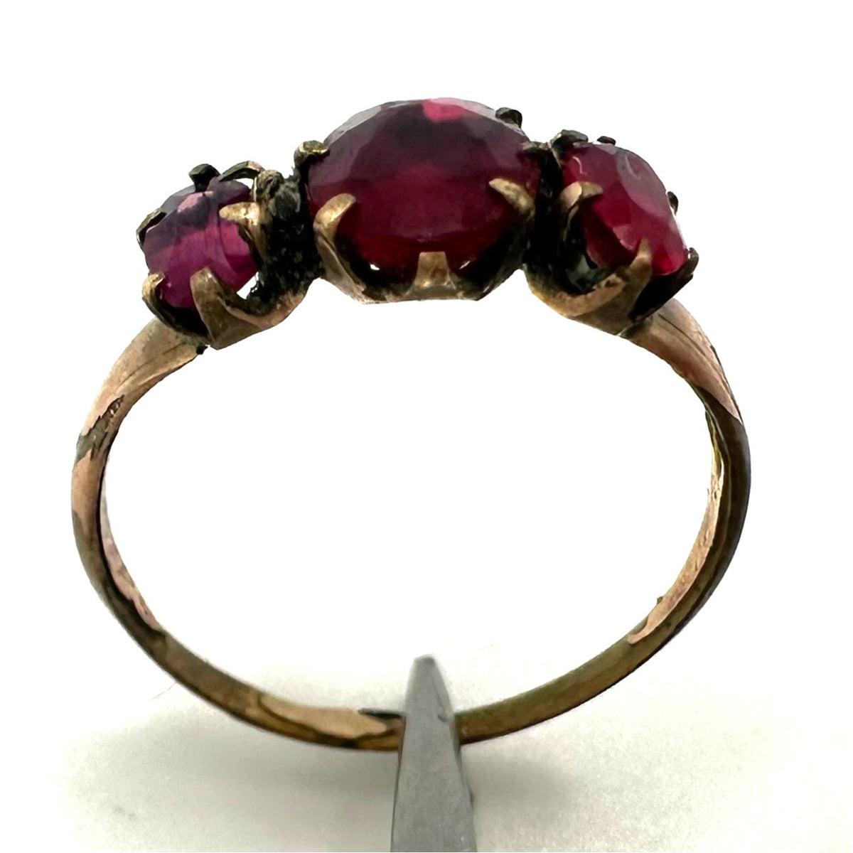Antique Edwardian Victorian gold filled 3 stone red paste rhinestones ring 5