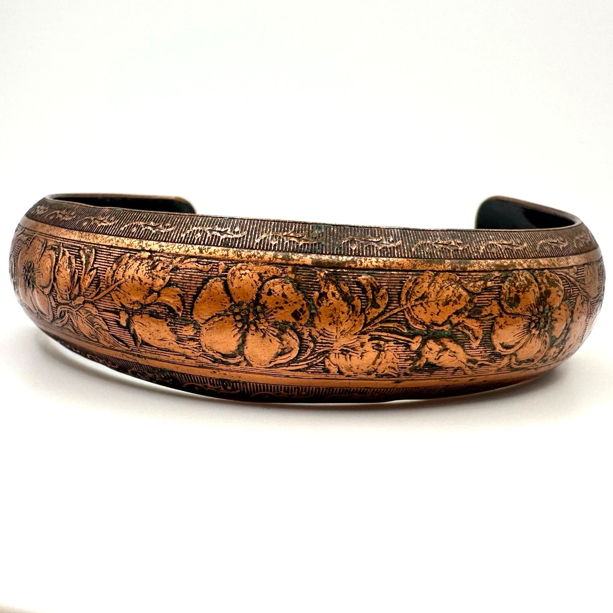 Vintage gold tone solid copper etched flowers floral adjustable cuff bracelet