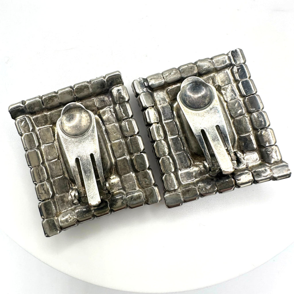 Vintage massive silver tone red rectangular glass rhinestones clip on earrings