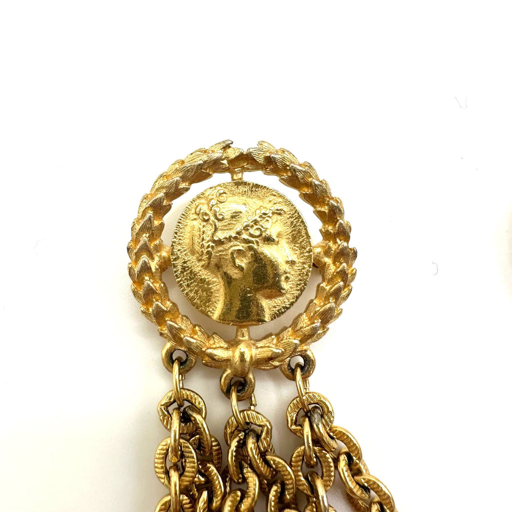 Monet 1980s vintage gold plated double 2 cameo Roman coins chains swag brooch