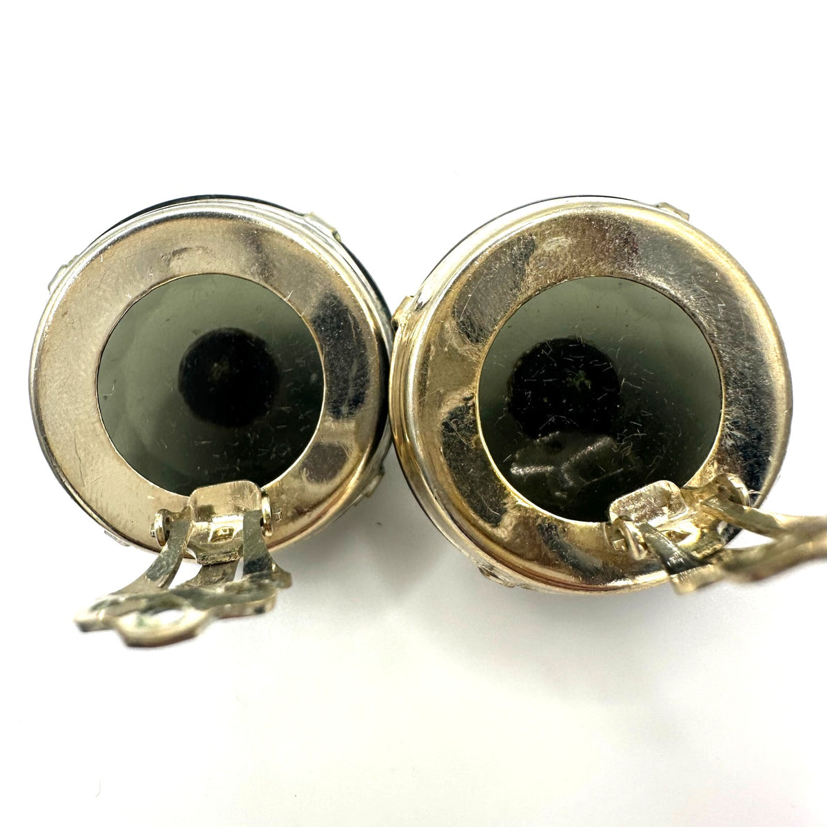 Vintage gold tone massive domed gray glass rhinestones AB clip on earrings