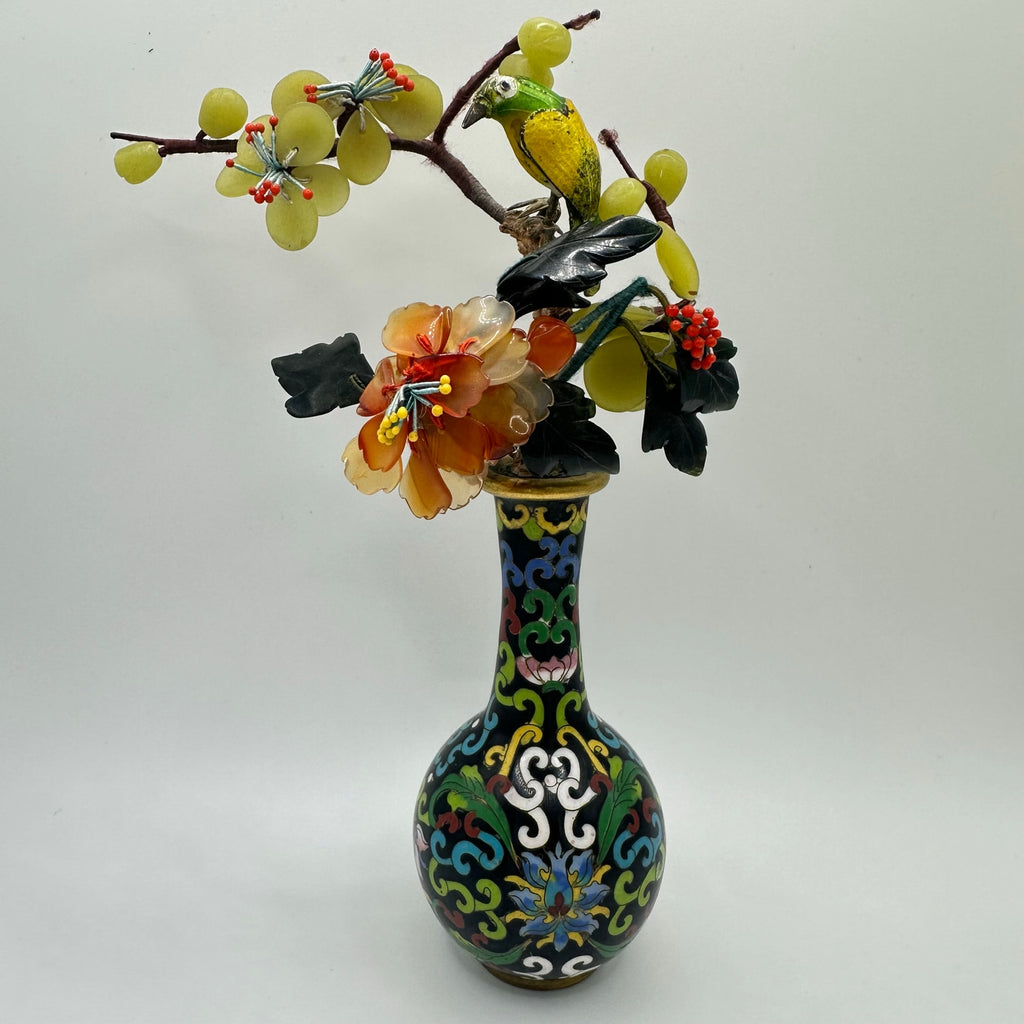 Vintage Chinese cloisonné enamel vase guilloche bird semiprecious flowers tree