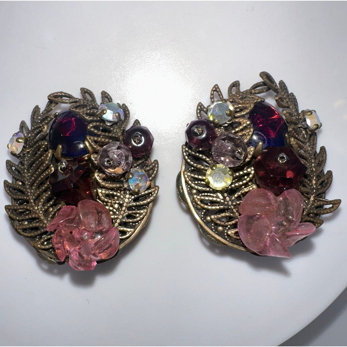 1950s vintage gold tone filigree art glass beads AB rhinestones clip on earrings
