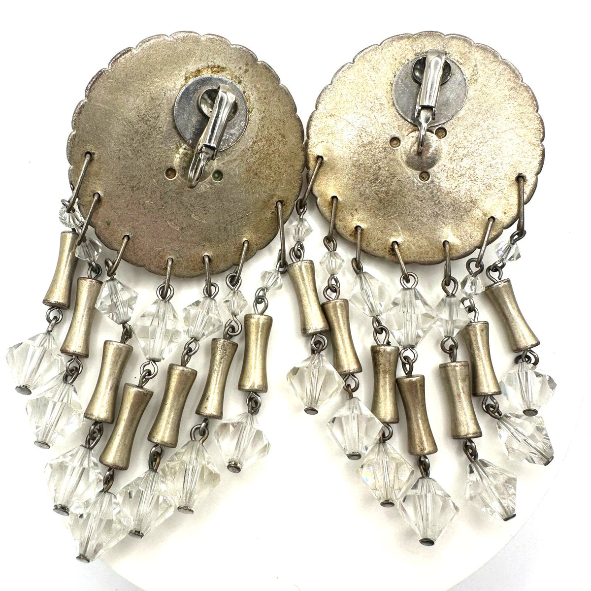 Vintage champagne gold tone clear beaded crystal drops dangle clip on earrings