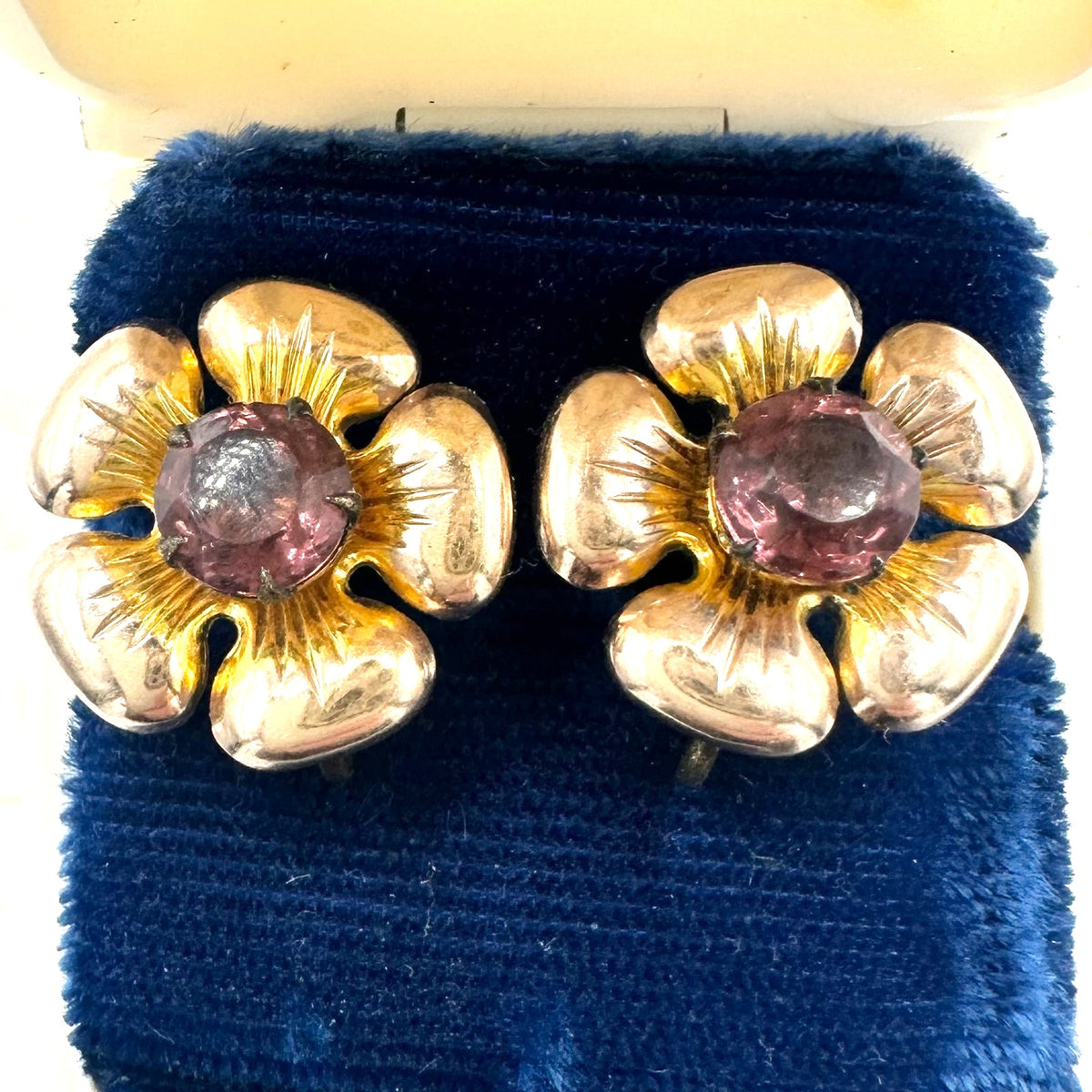1940s sterling silver gold plated flowers purple rhinestones screw back earrings
