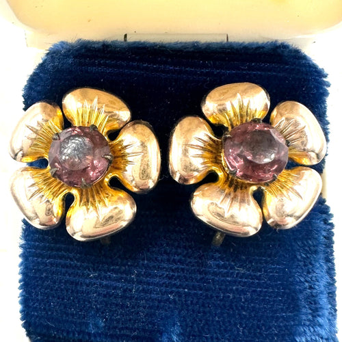 1940s sterling silver gold plated flowers purple rhinestones screw back earrings