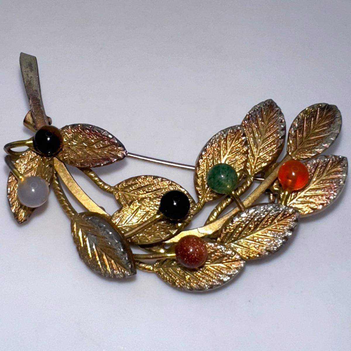 Vintage gold plated multicolor all semiprecious beads beaded leaf brooch pin