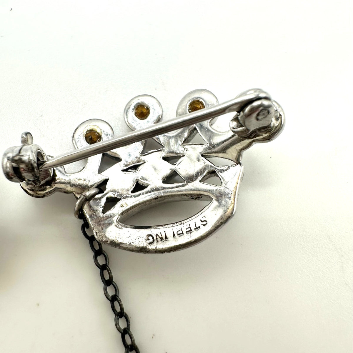 1940s vintage sterling silver rhinestones double crown brooch sweater guard