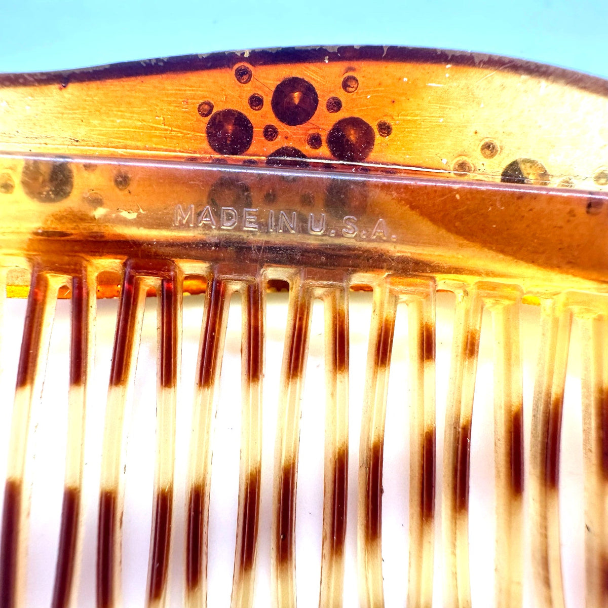Made in USA vintage faux tortoiseshell celluloid AB rhinestones hair comb