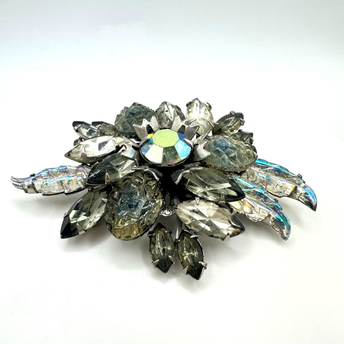 Judy Lee vintage silver tone clear gray molded glass AB rhinestones brooch