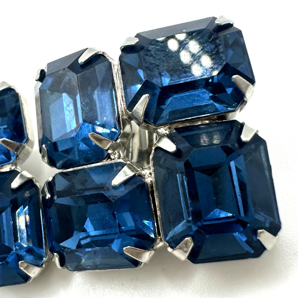 Vintage silver tone large Montana blue glass rhinestones clip on earrings