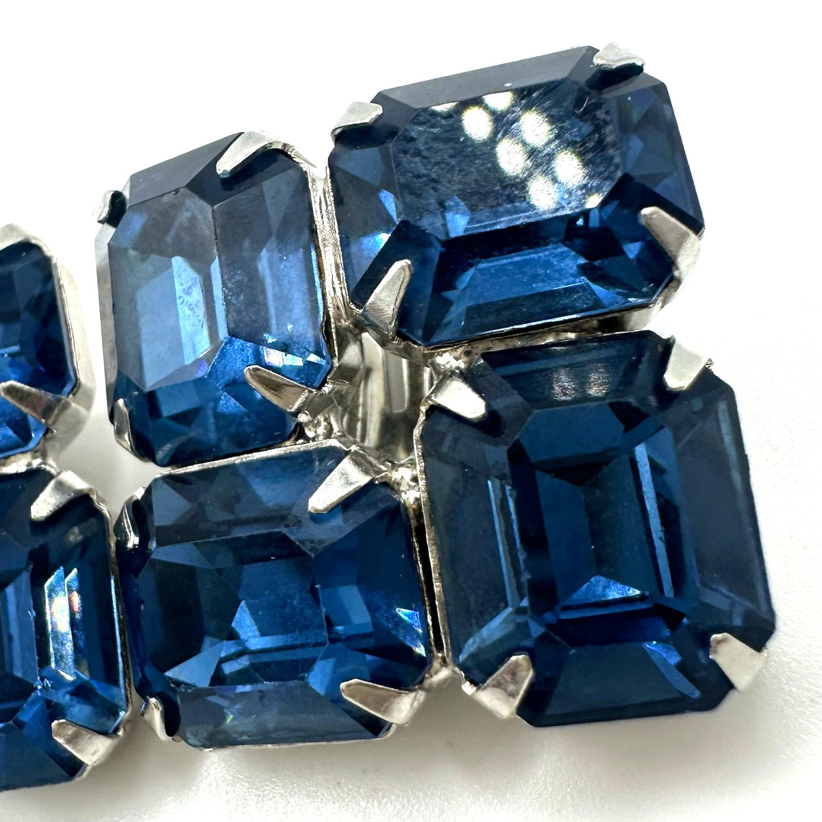 Vintage silver tone large Montana blue glass rhinestones clip on earrings