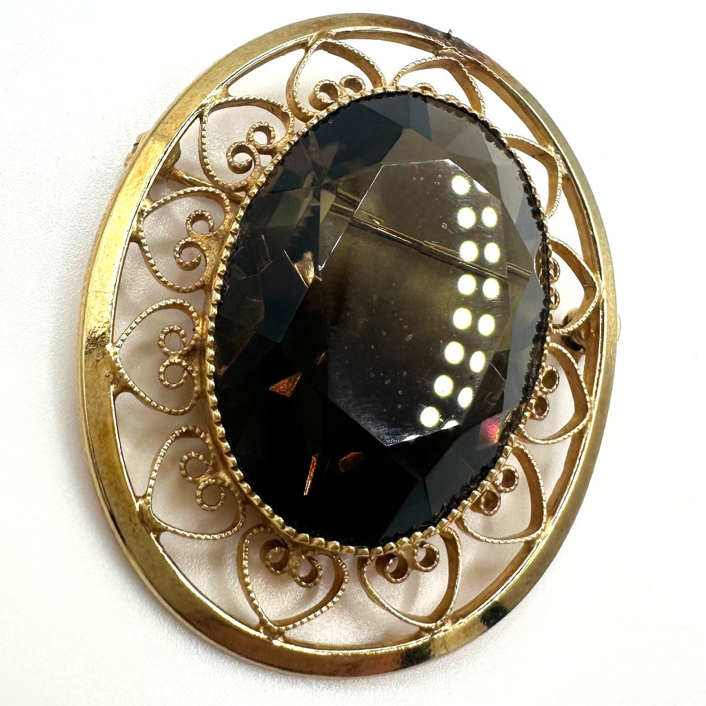 Catamore vintage 12kt yellow gold filled genuine 27.43ct smoky quartz brooch