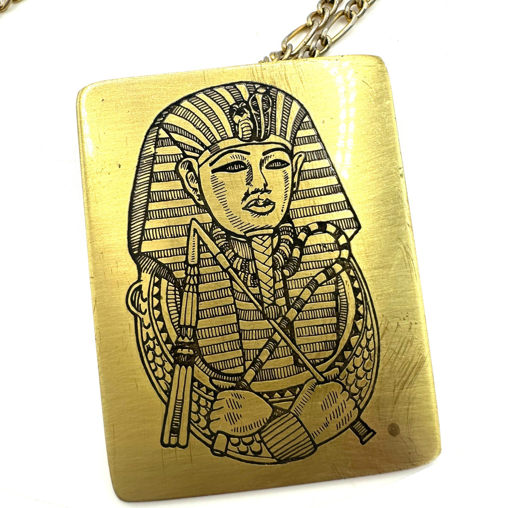 Reed & Barton 1978 Tutankhamen Damascene pendant gold plated 18" chain necklace