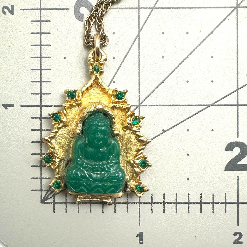 Vintage gold tone green faux jade art glass Buddha pendant 24" chain necklace