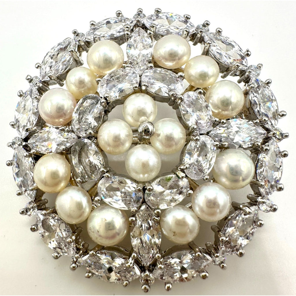 High end silver tone clear cubic zirconia CZs freshwater pearls brooch pendant