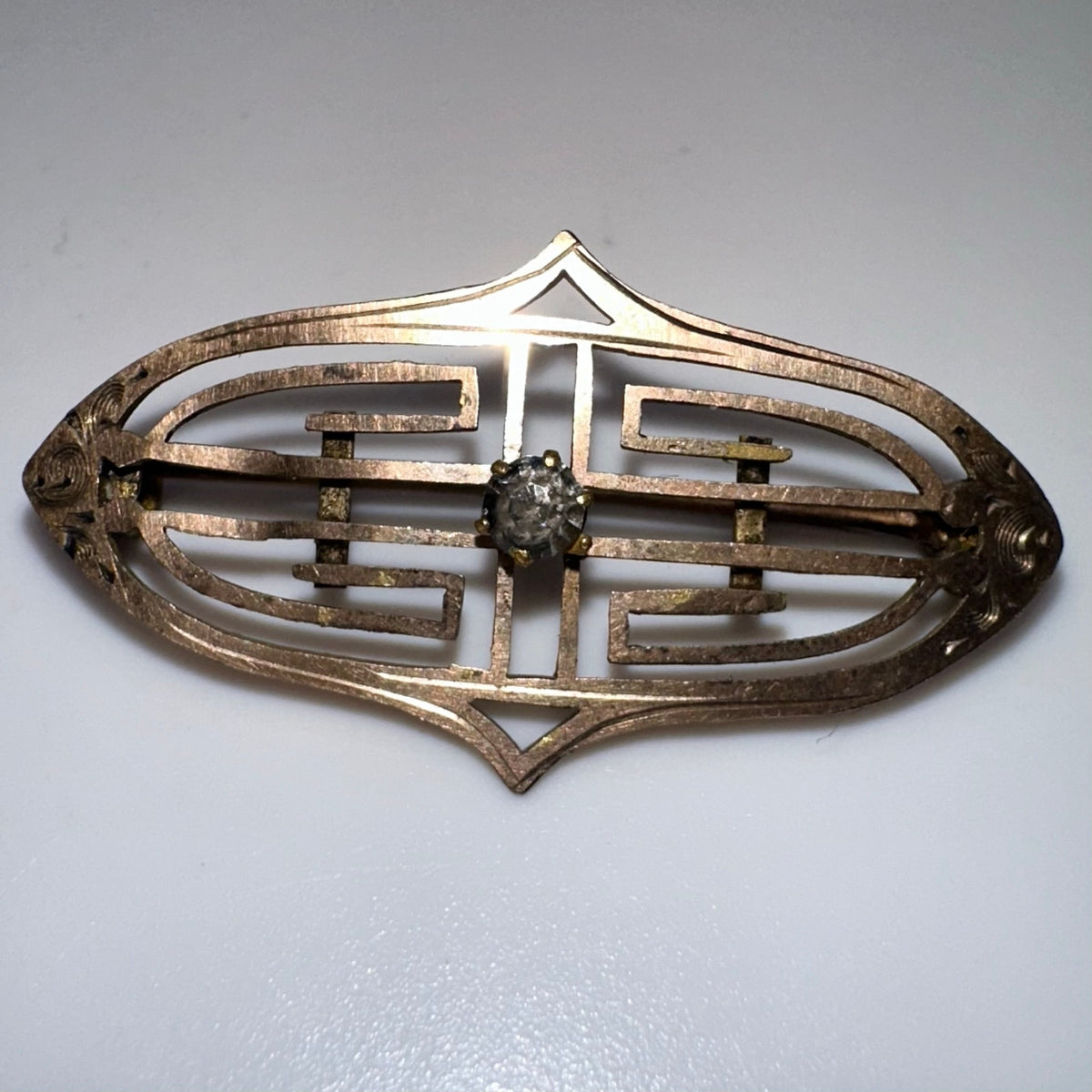 PSCO antique Edwardian 1900s rose gold filled clear paste openwork brooch pin