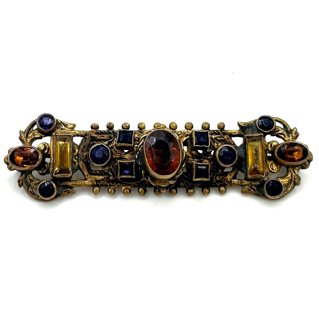 Antique 1800s gold gilt multicolor glass gems Etruscan Revival bar pin brooch