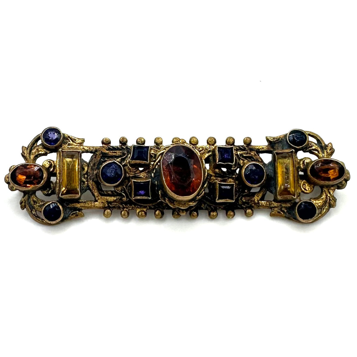 Antique 1800s gold gilt multicolor glass gems Etruscan Revival bar pin brooch