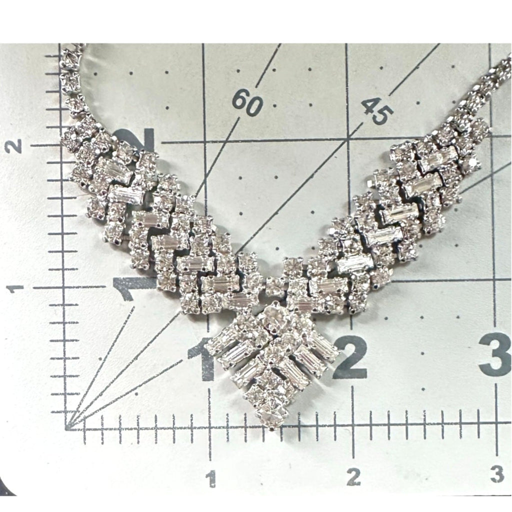 1950s vintage silver tone clear glass rhinestones pointed V swag necklace