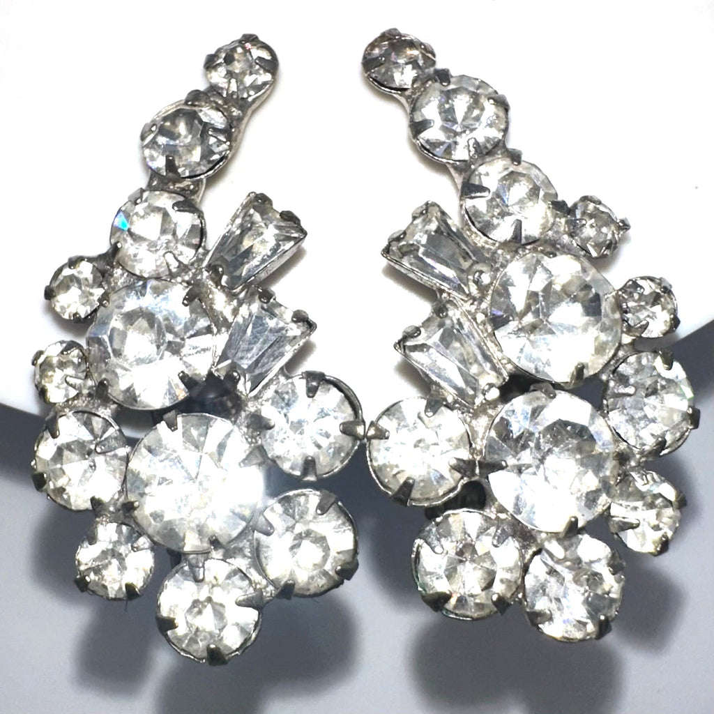 1940s vintage silver tone clear glass rhinestones crawler clip on earrings