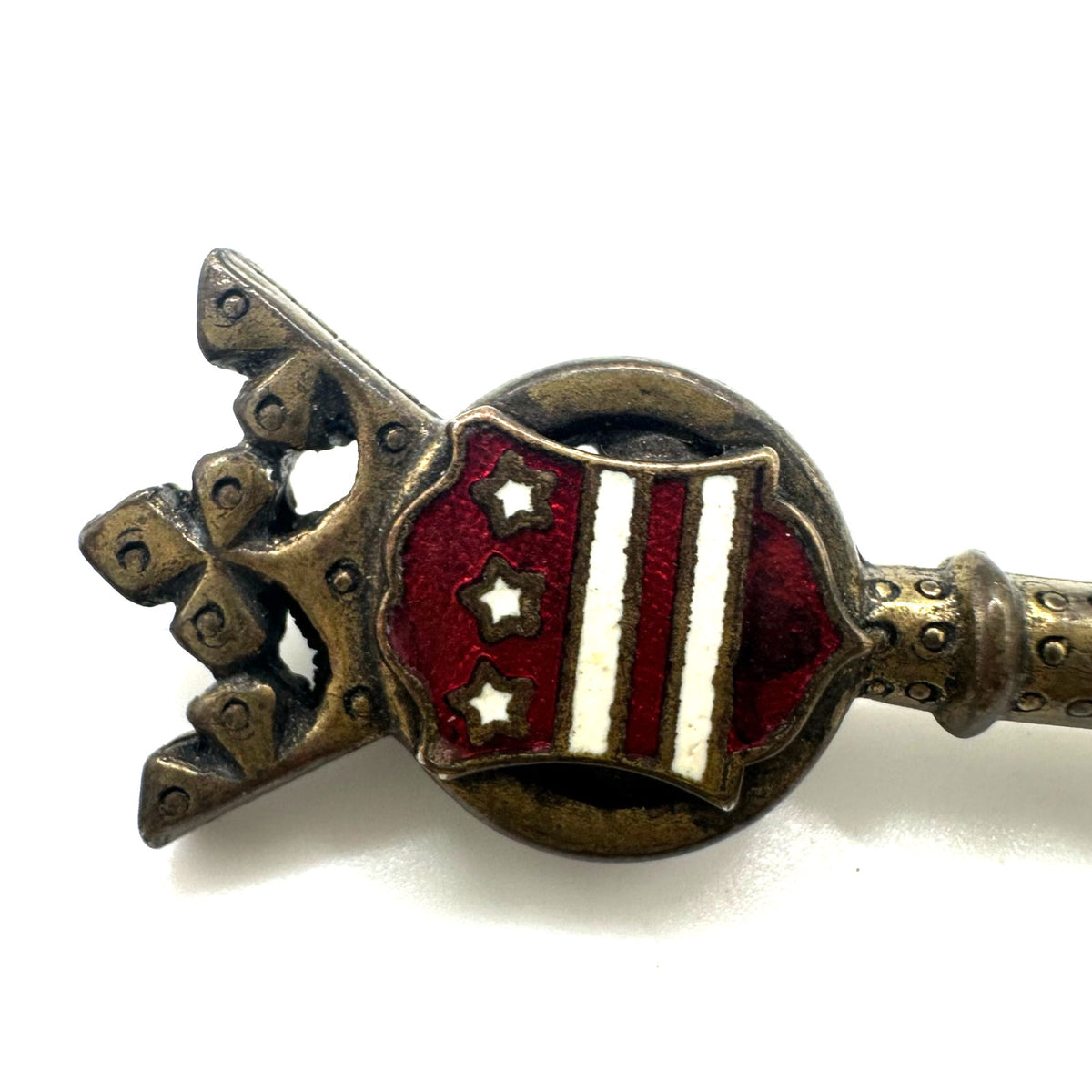 Vintage gold tone Heraldic red white enamel crest shield crown key stars brooch