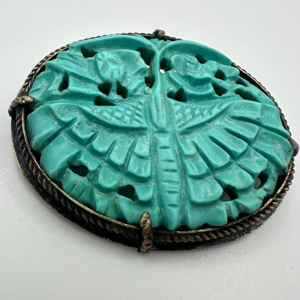 Antique Chinese carved genuine turquoise sterling silver oval brooch pin 6.3g