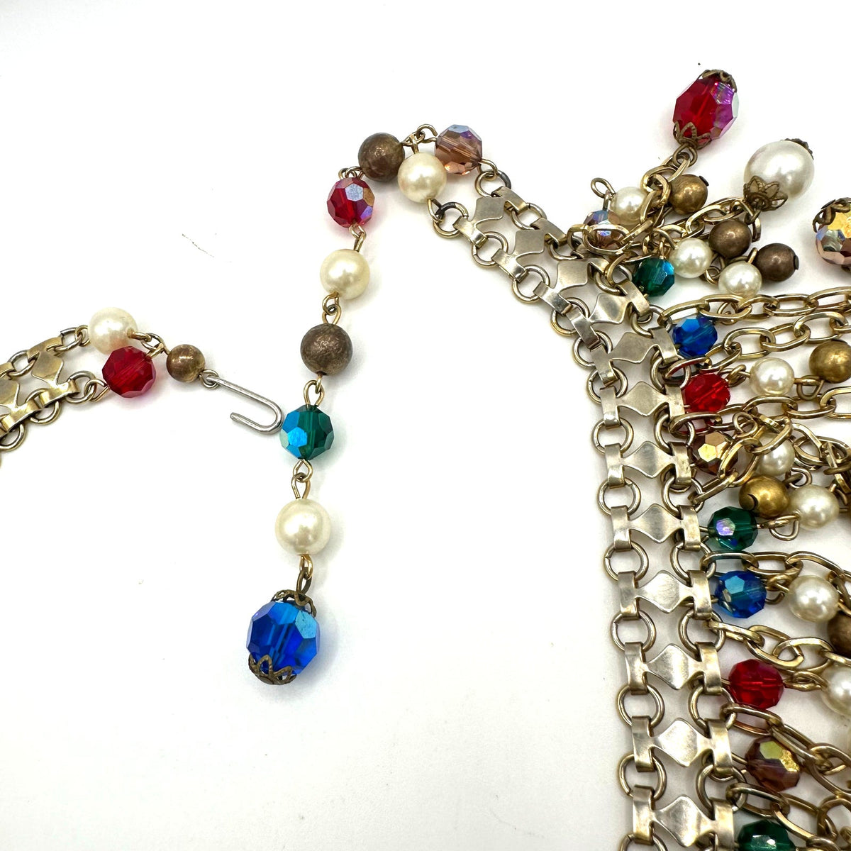 Alice Caviness vintage gold tone AB glass faux pearls beaded fringe necklace