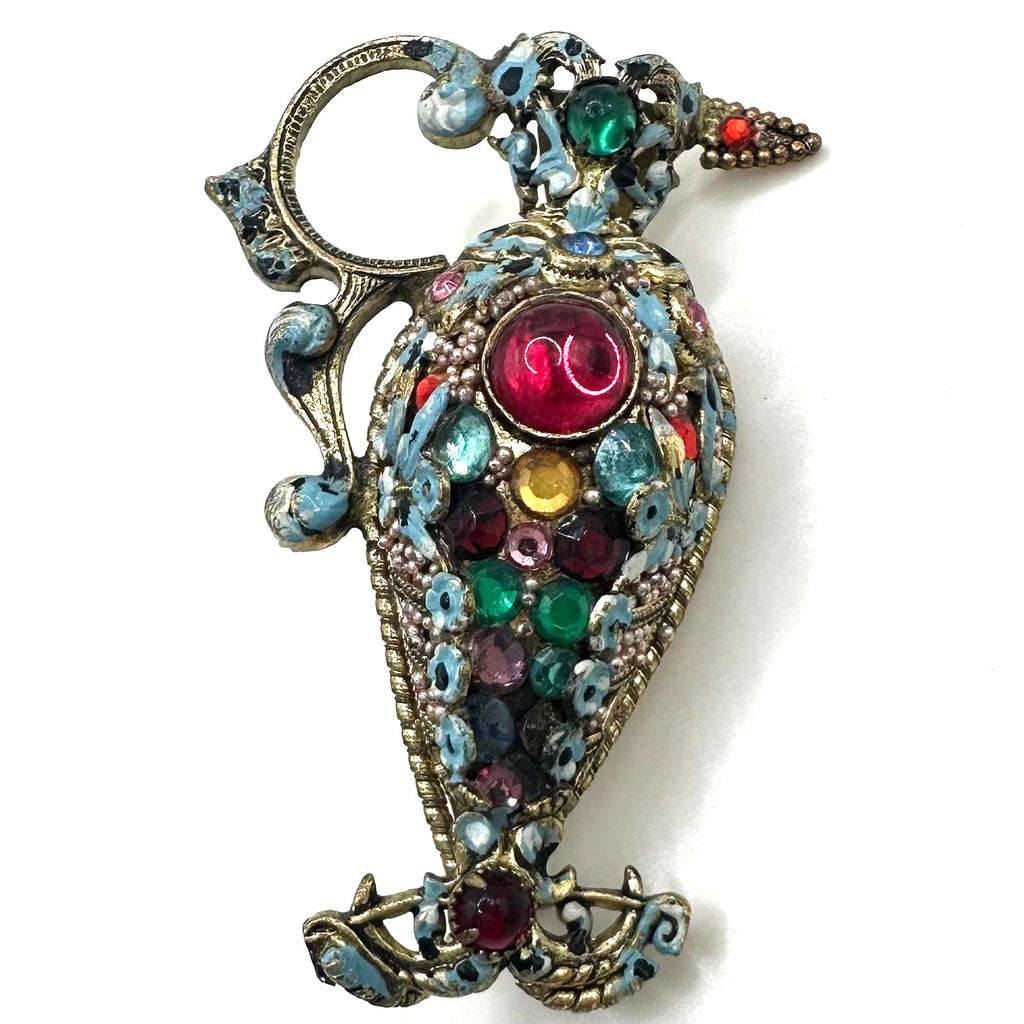 Czechoslovakia antique Art Deco multicolor rhinestones cabochons pitcher brooch