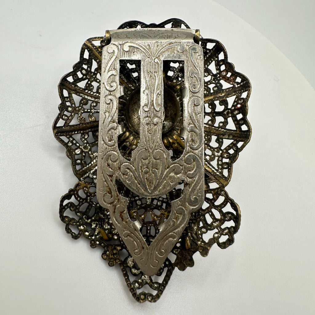 Antique Art Deco brass filigree orange art glass cabochons dress clip