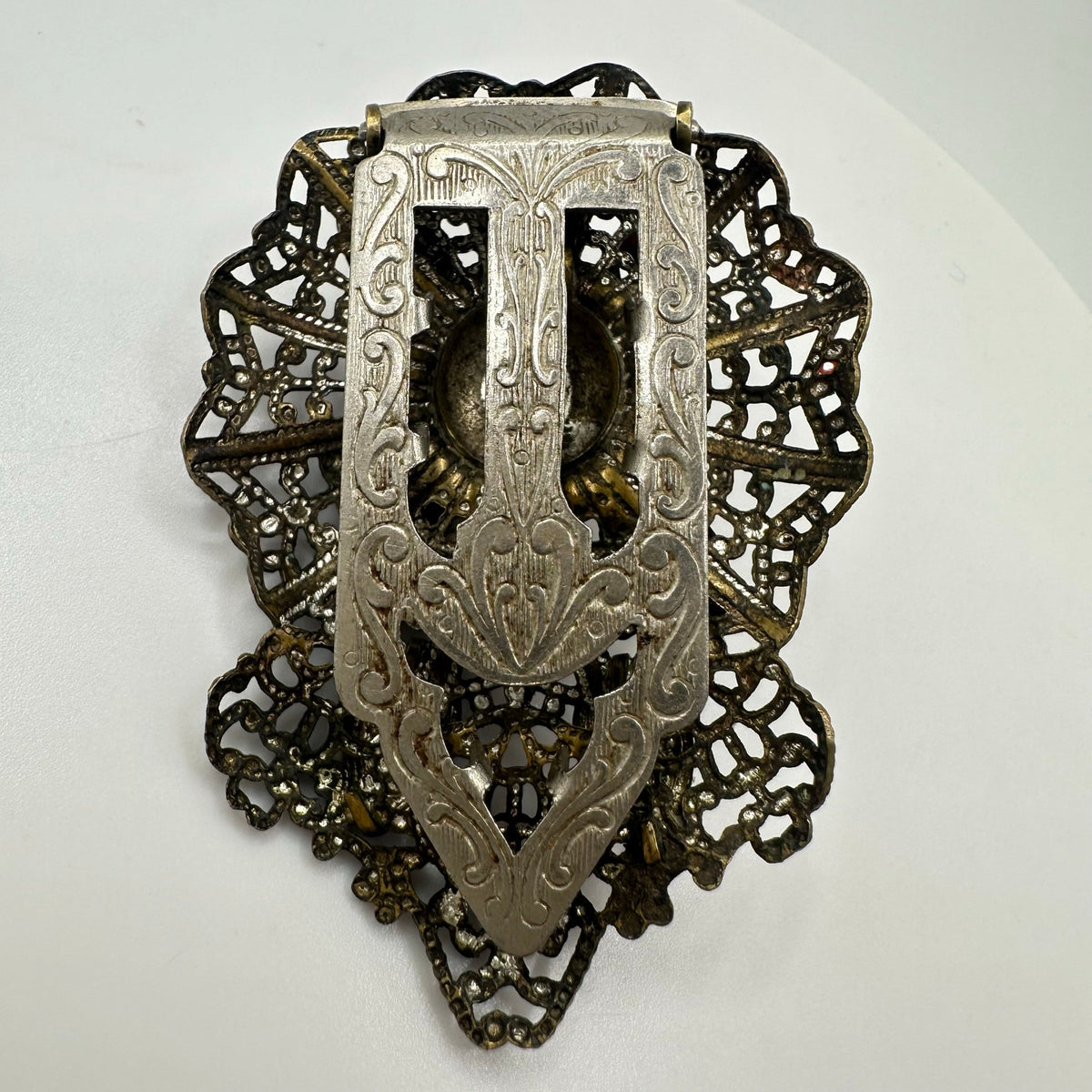 Antique Art Deco brass filigree orange art glass cabochons dress clip