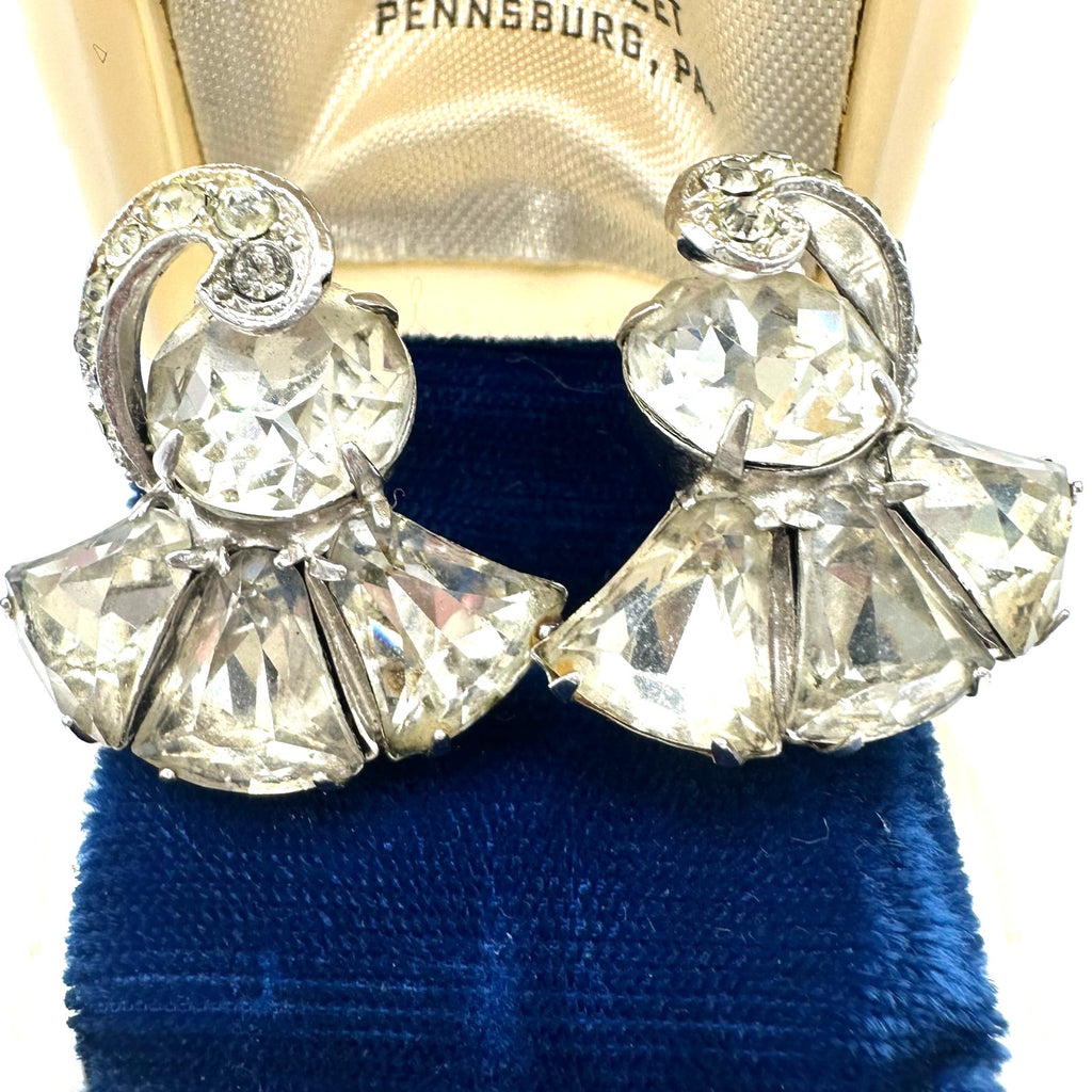Eisenberg signed vintage silver tone clear glass rhinestones clip on earrings