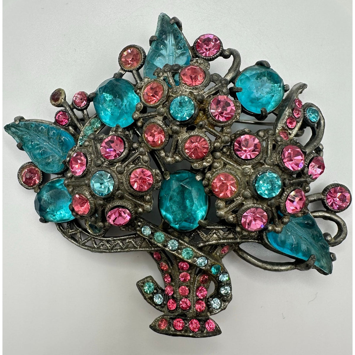 Antique Art Deco 1930s large pot metal pink blue molded glass rhinestones brooch