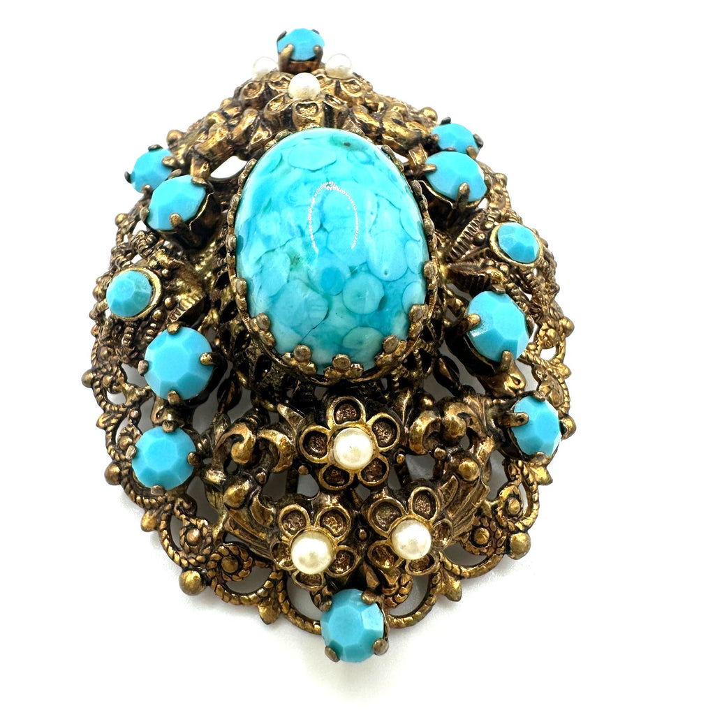West Germany vintage gold tone turquoise art glass rhinestones brooch pendant