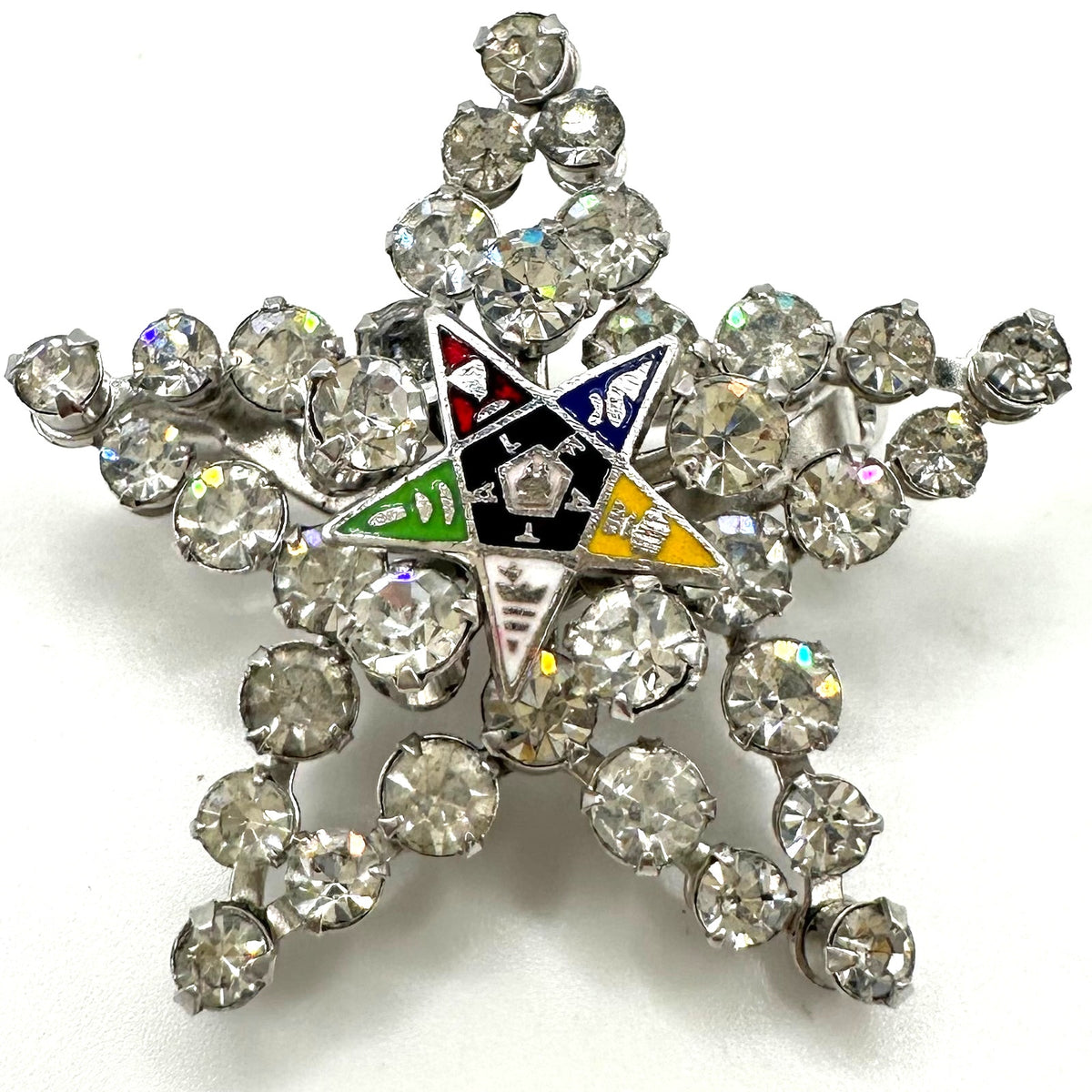 Order of the Eastern 5 point Star vintage silver tone rhinestones enamel brooch